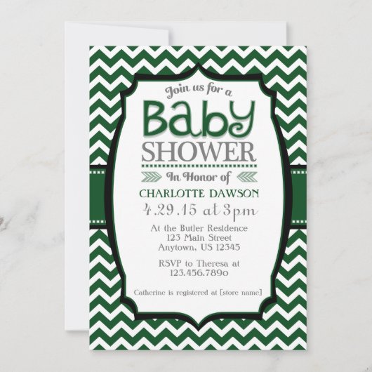 Donk Green White Chevron Baby shower Invitation Kaart (Voorkant)