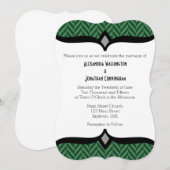 Donk Green White Herringbone Wedding Invitation Kaart (Voorkant / Achterkant)
