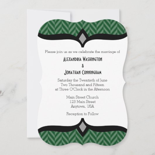 Donk Green White Herringbone Wedding Invitation Kaart (Voorkant)