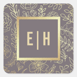 Donk Mocha Gold Floral Monogram Weddenschap Vierkante Sticker