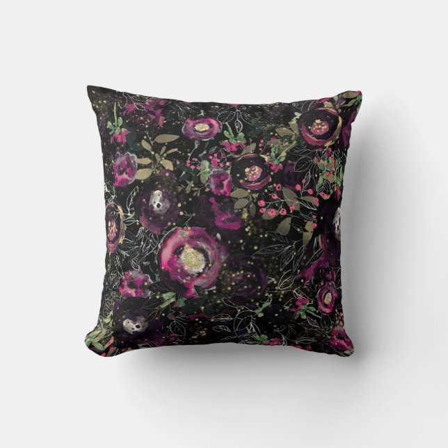 Donk Moody Berry Plum Sparkle Floral Modern Kussen (Voorkant)