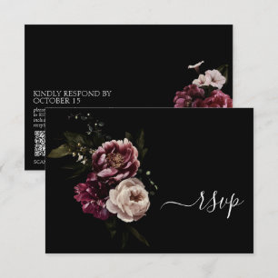 Donk Moody Blush Burgundy Floral QR Code RSVP Card Kaartje