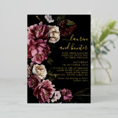 Donk Moody Blush Burgundy Floral Wedding Gold Folie Uitnodiging (Staand Voorkant)