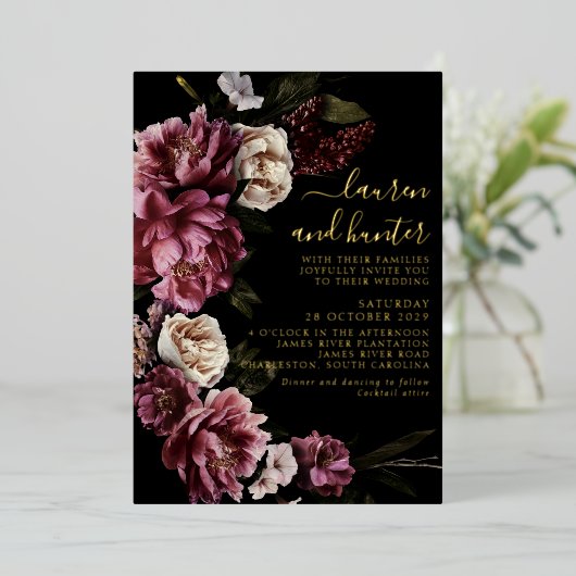 Donk Moody Blush Burgundy Floral Wedding Gold Folie Uitnodiging (Staand Voorkant)