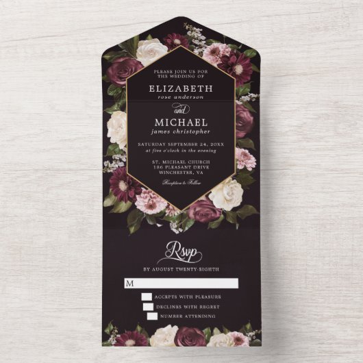 Donk Moody Burgundy Floral Elegant Wedding All In One Uitnodiging (Binnen)