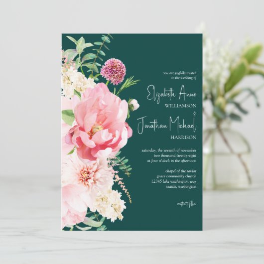 Donk Moody Emerald Blush Floral Stylish Script Kaart (Staand voorkant)