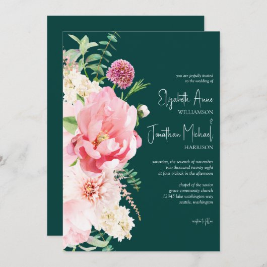 Donk Moody Emerald Blush Floral Stylish Script Kaart (Voorkant / Achterkant)