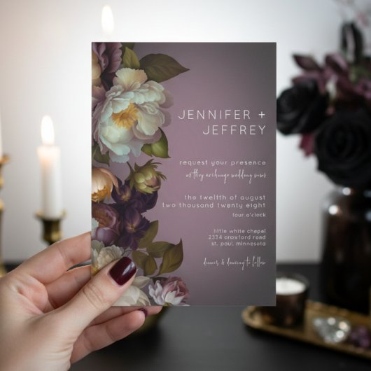 Donk Moody Mauve Floral Modern Wedding Invite Kaart