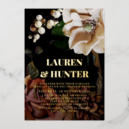 Donk Moody Neutral Magnolia Botanical Weddenschap Folie Uitnodiging (Voorkant)