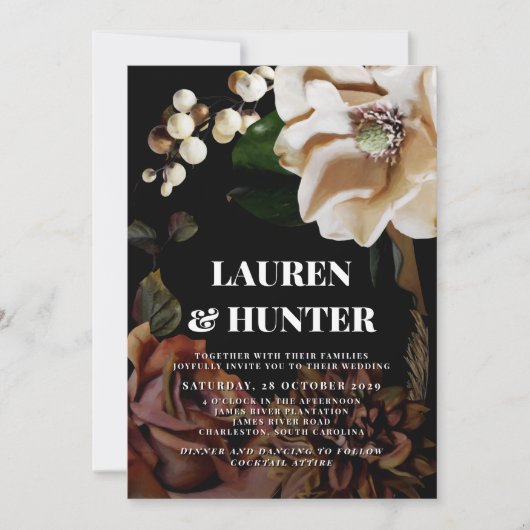 Donk Moody Neutral Magnolia Botanical Wedding Invi Kaart (Voorkant)