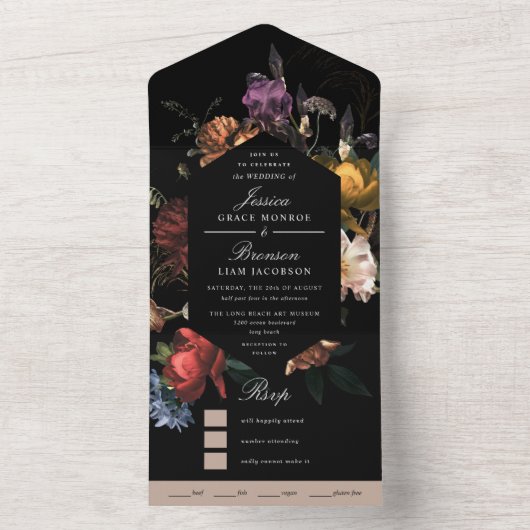 Donk Moody Romantic Floral Dutch Painterly Wedding All In One Uitnodiging (Binnen)