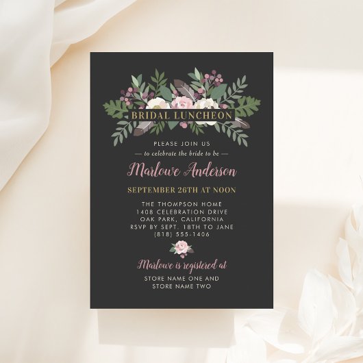 Donk Moody Roos Pink Floral Boho Bridal Luncheon Kaart