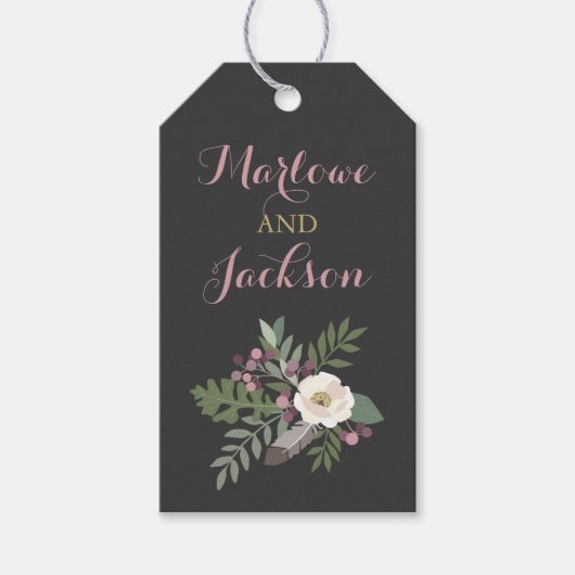 Donk Moody Roos Pink Floral Boho Wedding Monogram Cadeaulabel (Voorkant)