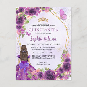 Donk Paars Gold Floral Princess Quinceañera Uitnodiging Briefkaart
