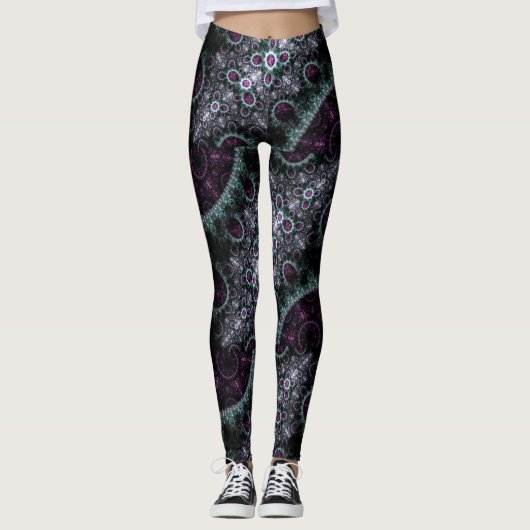 Donk Paars Groene Boho Spiral Floral Fractal Leggings (Voorkant)