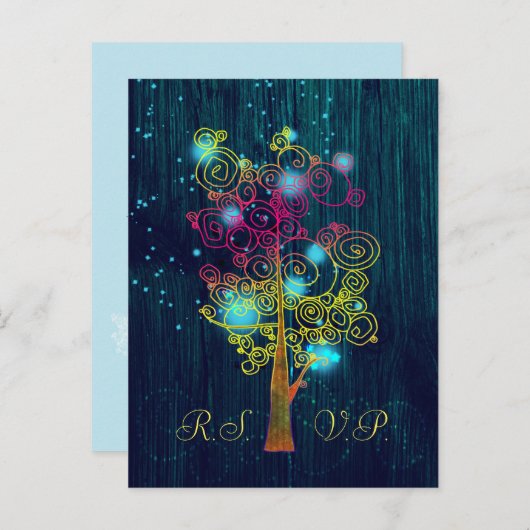 Donk Royal Blue Spiral Trees Rustic Wedding RSVP Uitnodiging Briefkaart (Voorkant / Achterkant)