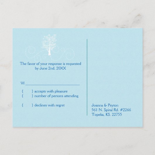 Donk Royal Blue Spiral Trees Rustic Wedding RSVP Uitnodiging Briefkaart (Achterkant)