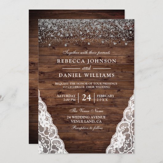 Donk Rustic Brown Wood Lace Wedding Invitation Kaart (Voorkant / Achterkant)
