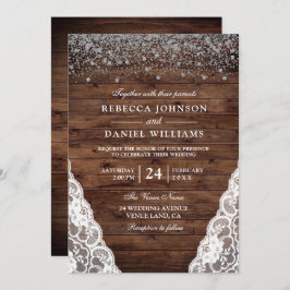 Donk Rustic Brown Wood Lace Wedding Invitation Kaart