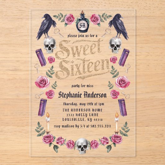 Donker Academia Gotisch Goud Bloemen Zoet 16 Acryl Uitnodigingen (Voorkant)