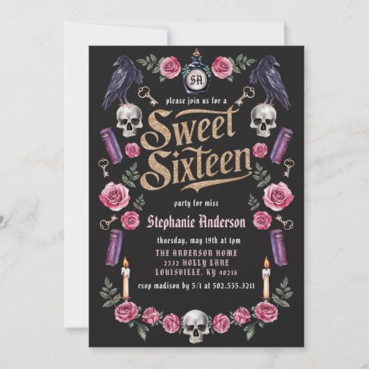 Donker Academia Gotisch Goud Bloemen Zoet 16 Kaart (Voorkant)