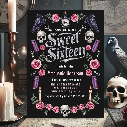 Donker Academia Gotisch Zilver Bloemen Zoet 16 Kaart