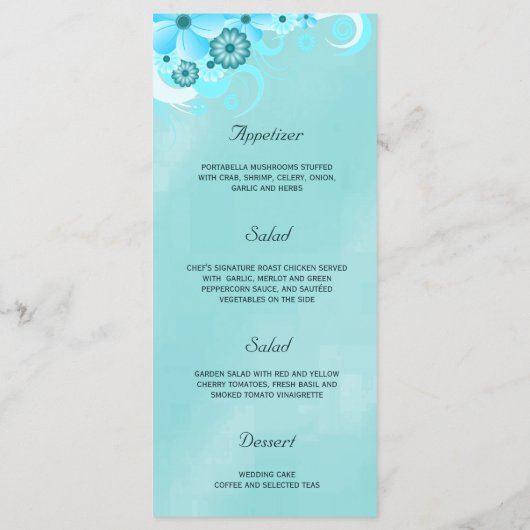 Donker Aqua Blauw Bloemenbruiloft Diner Menu Kaart (Achterkant)