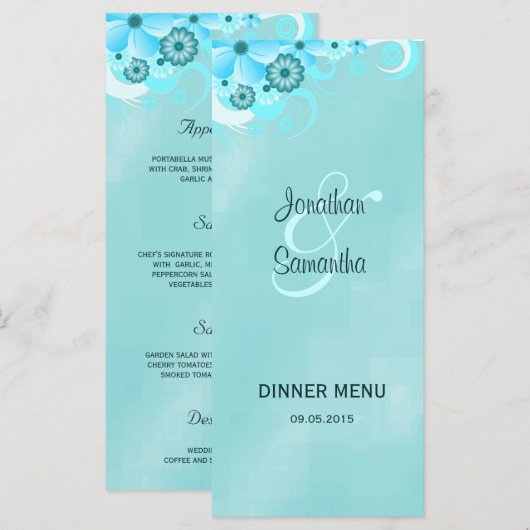 Donker Aqua Blauw Bloemenbruiloft Diner Menu Kaart (Voorkant / Achterkant)