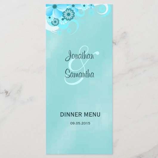 Donker Aqua Blauw Bloemenbruiloft Diner Menu Kaart (Voorkant)