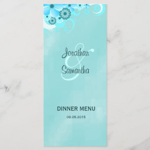 Donker Aqua Blauw Bloemenbruiloft Diner Menu Kaart