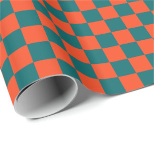 Donker Aqua Blauw en Oranje Koraal Geruit Cadeaupapier