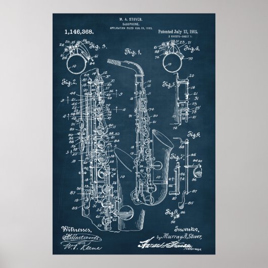 Donker Blauw | Octrooi op saxofoon Poster (Voorkant)