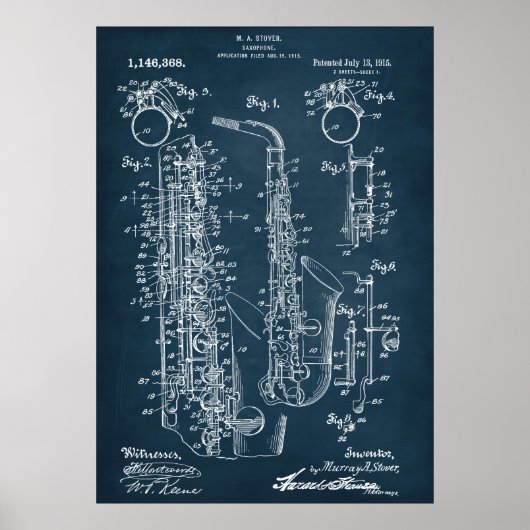Donker Blauw | Octrooi op saxofoon Poster (Voorkant)