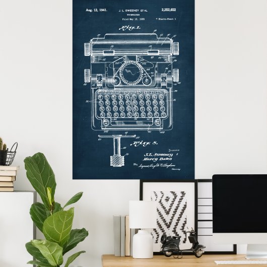 Donker Blauw | Typemachinepatent Poster (Thuiskantoor)