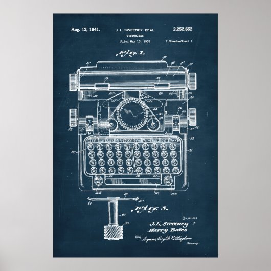 Donker Blauw | Typemachinepatent Poster (Voorkant)