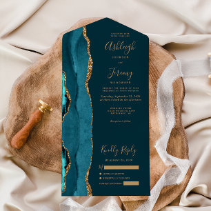 Donker Blauwgroen Agaat Gouden Glitter Huwelijk All In One Uitnodiging