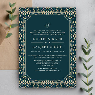 Donker Blauwgroen Beige Ikat Anand Karaj Sikh brui Kaart