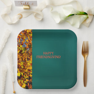 Donker Blauwgroen Bladeren Thanksgiving Friendsgiv Papieren Bordje