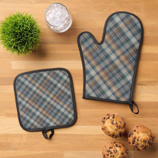 Donker Blauwgroen Blauw Beige Tan Plaid Gingham Pa Ovenwant & Pannenlap Set (Top down)