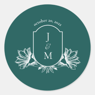 Donker Blauwgroen Bloemen Bruiloft Monogram Crest Ronde Sticker