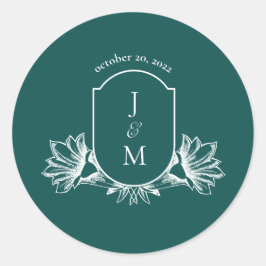 Donker Blauwgroen Bloemen Bruiloft Monogram Crest Ronde Sticker