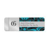 Donker Blauwgroen Damask Monogram Zilver Bruiloft  Etiket (Voorkant)