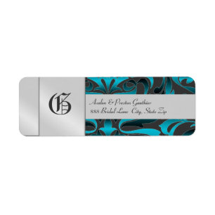 Donker Blauwgroen Damask Monogram Zilver Bruiloft  Etiket