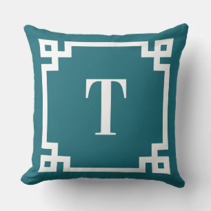 Donker Blauwgroen en Wit Grieks Key Border Monogra Buitenkussen