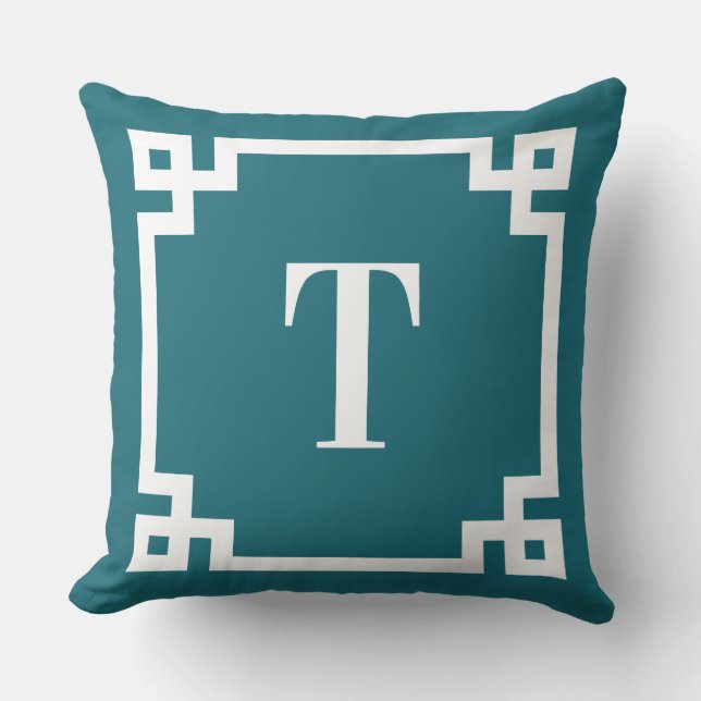 Donker Blauwgroen en Wit Grieks Key Border Monogra Buitenkussen (Voorkant)