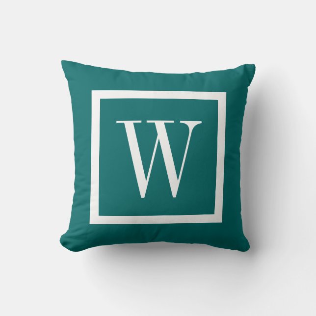 Donker Blauwgroen en wit Preppy Square Monogram Kussen (Voorkant)
