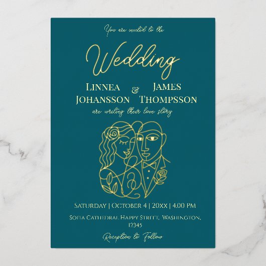 Donker Blauwgroen Golden Elegant bruiloft Modern P Folie Uitnodiging (Voorkant)