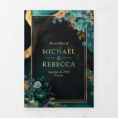 Donker Blauwgroen Goud Bloemen Marmer QR Code Brui Drieluik Uitnodiging (Cover)