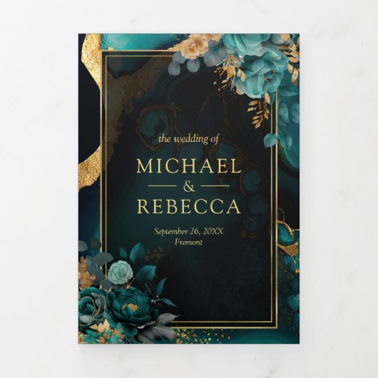 Donker Blauwgroen Goud Bloemen Marmer QR Code Brui Drieluik Uitnodiging (Cover)