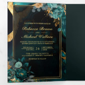 Donker Blauwgroen Goud Bloemen Marmer QR Code Brui Drieluik Uitnodiging (Binnenzijde eerst)